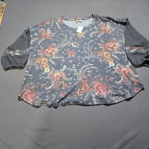 new EST. 1946 Waffle Knit Top Womens‎ 22/24W Grey Floral Long Sleeve Scoop Neck